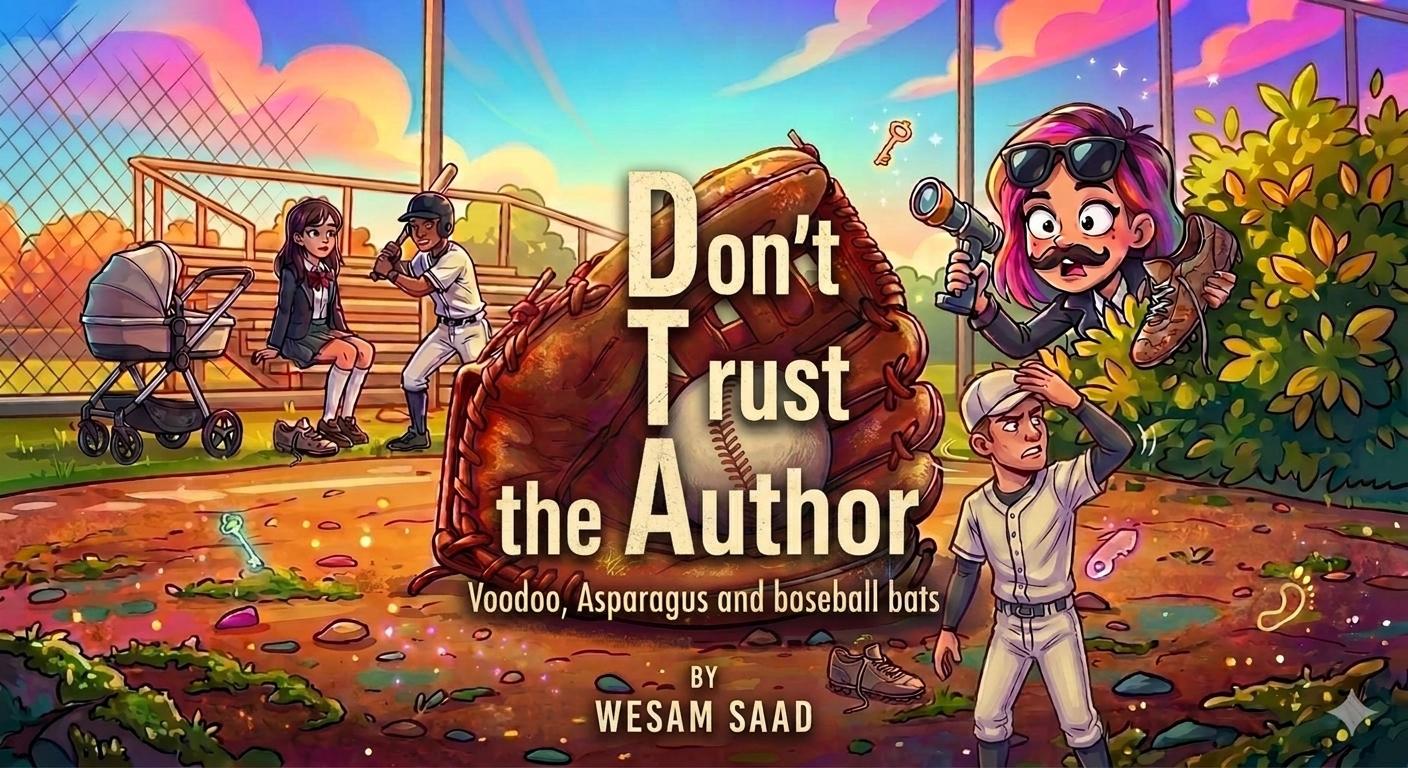 Don't Trust the Author — book cover art: a sunset baseball field scene with the title, subtitle, and author name Wesam Saad